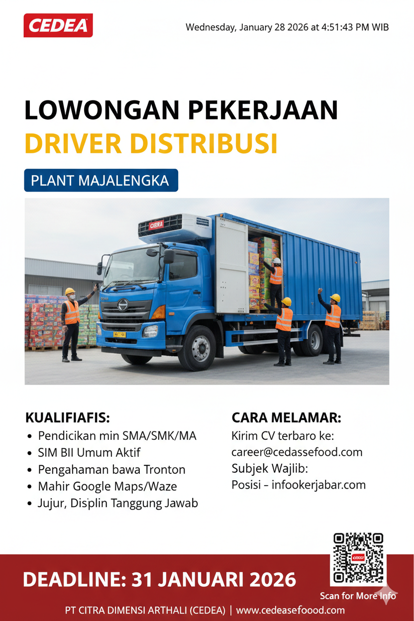 Poster Lowongan Kerja Driver Distribusi PT Citra Dimensi Arthali CEDEA Plant Majalengka 2026