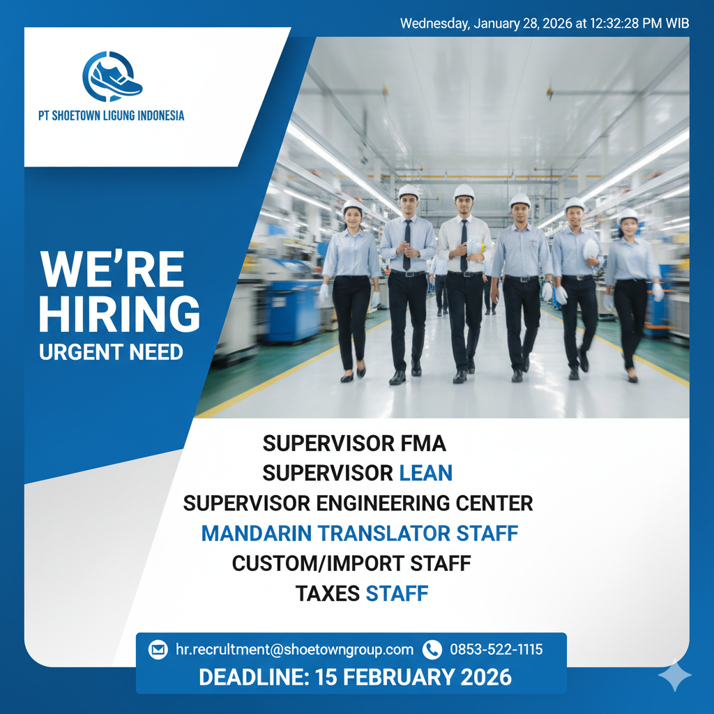 Poster Lowongan Kerja PT Shoetown Ligung Indonesia Posisi Supervisor dan Staff 2026