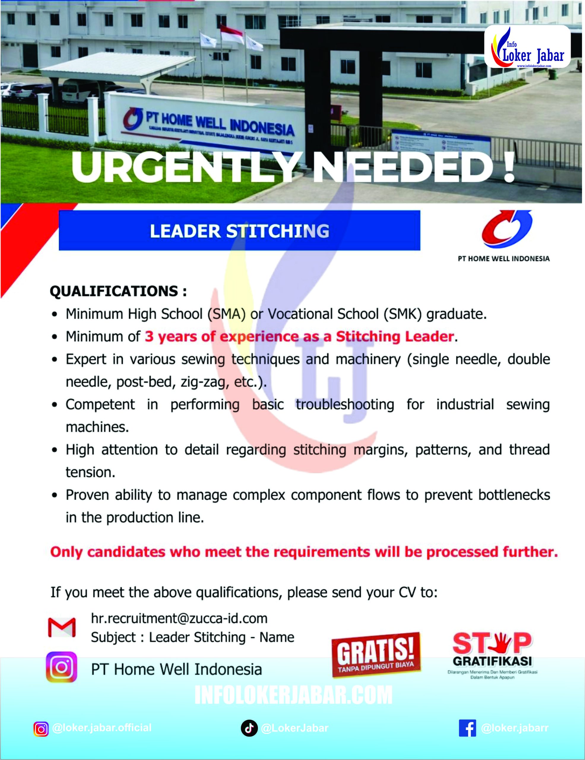 Info Loker Majalengka Terbaru PT Home Well Indonesia Leader Stitching