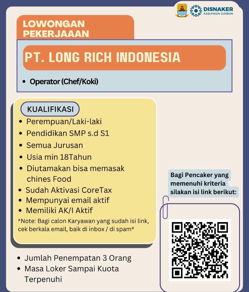 Poster Lowongan Kerja Operator Chef Koki PT Long Rich Indonesia 2026
