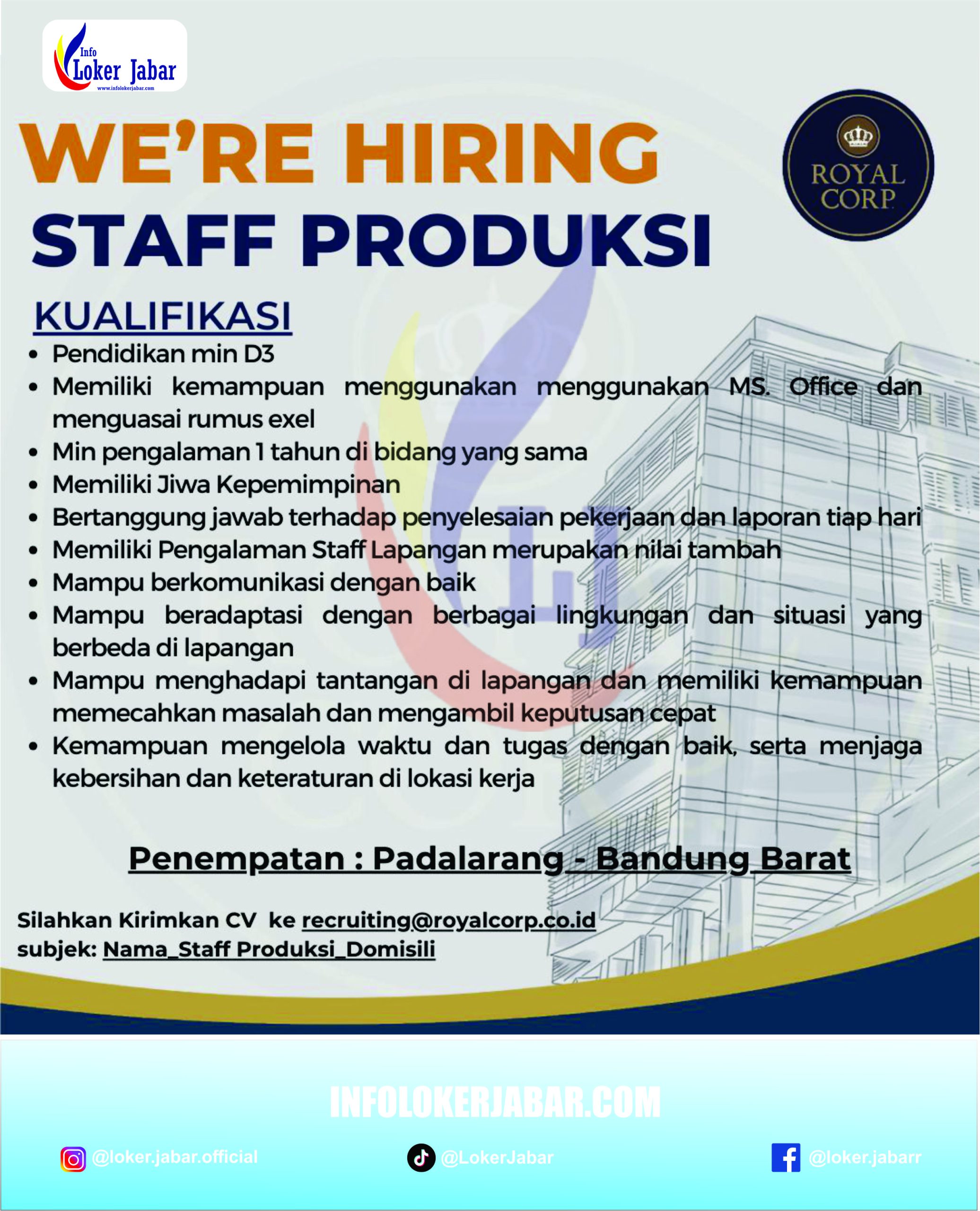 Lowongan Kerja Staff Produksi Royal Corporation Padalarang Bandung Barat