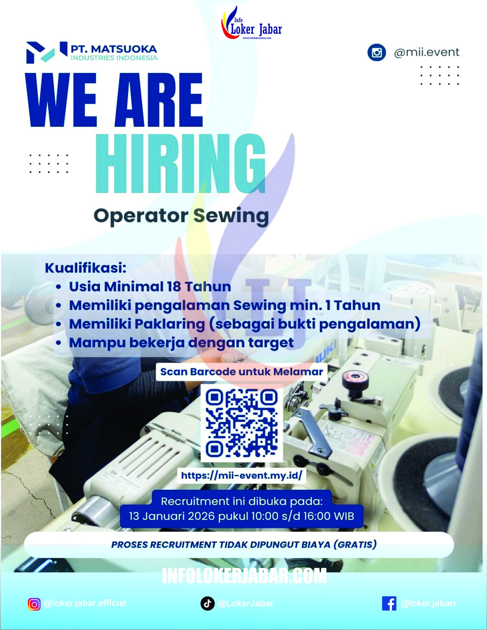 Lowongan Kerja Operator Sewing PT Matsuoka Industries Indonesia