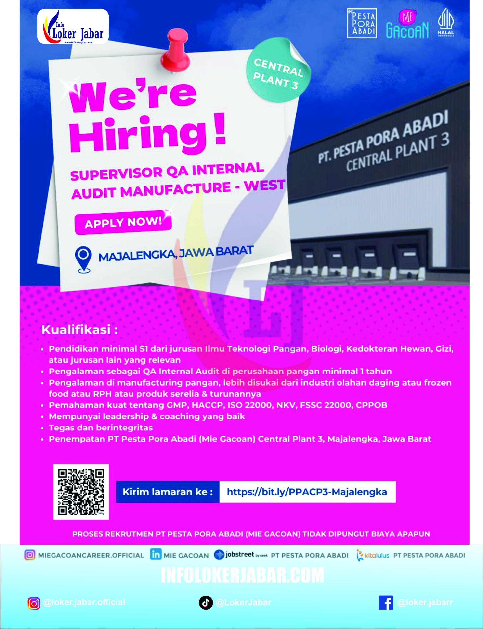 Lowongan Kerja Supervisor QA Mie Gacoan Majalengka PT Pesta Pora Abadi