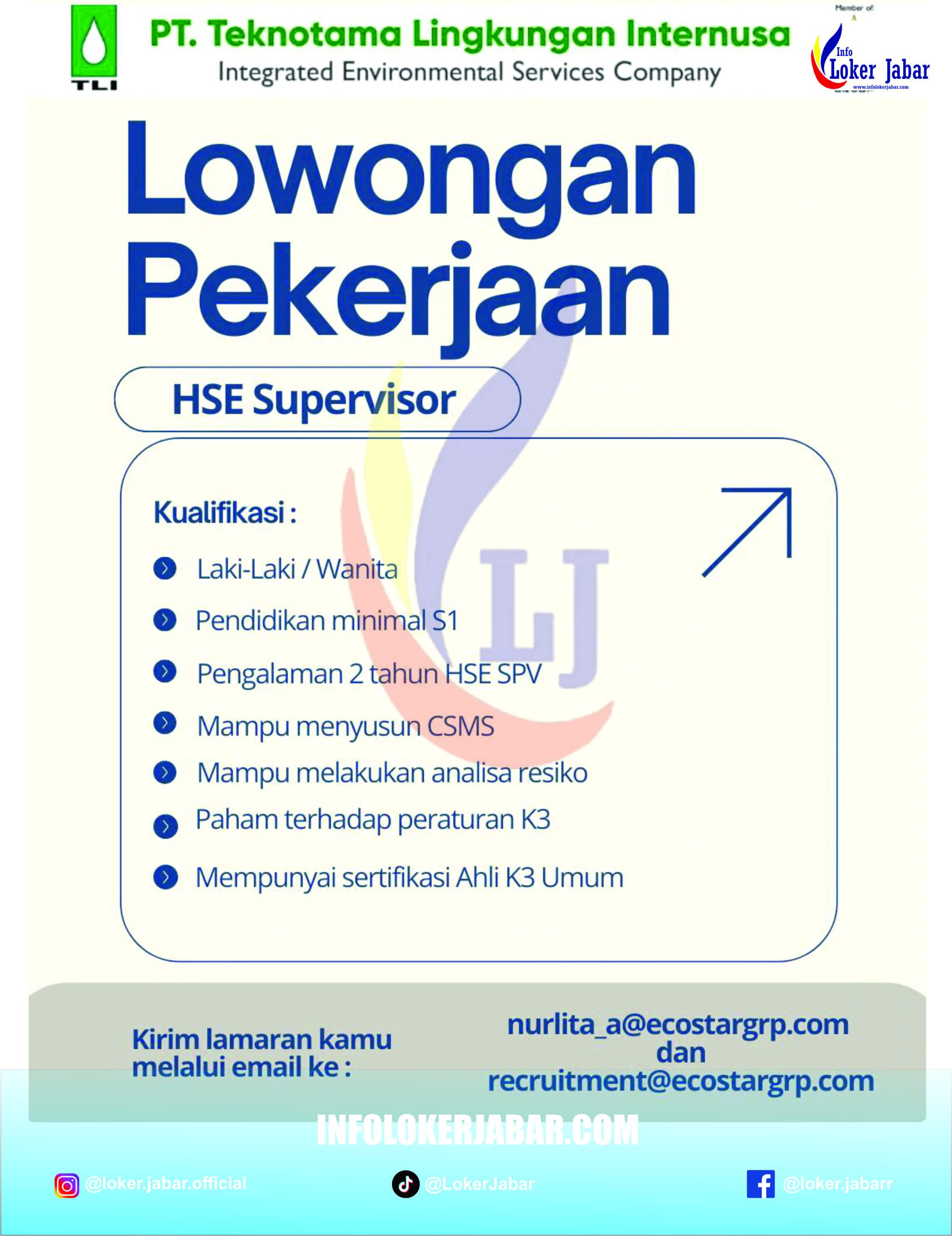 Lowongan Kerja HSE Supervisor PT Teknotama Lingkungan Internusa TLI