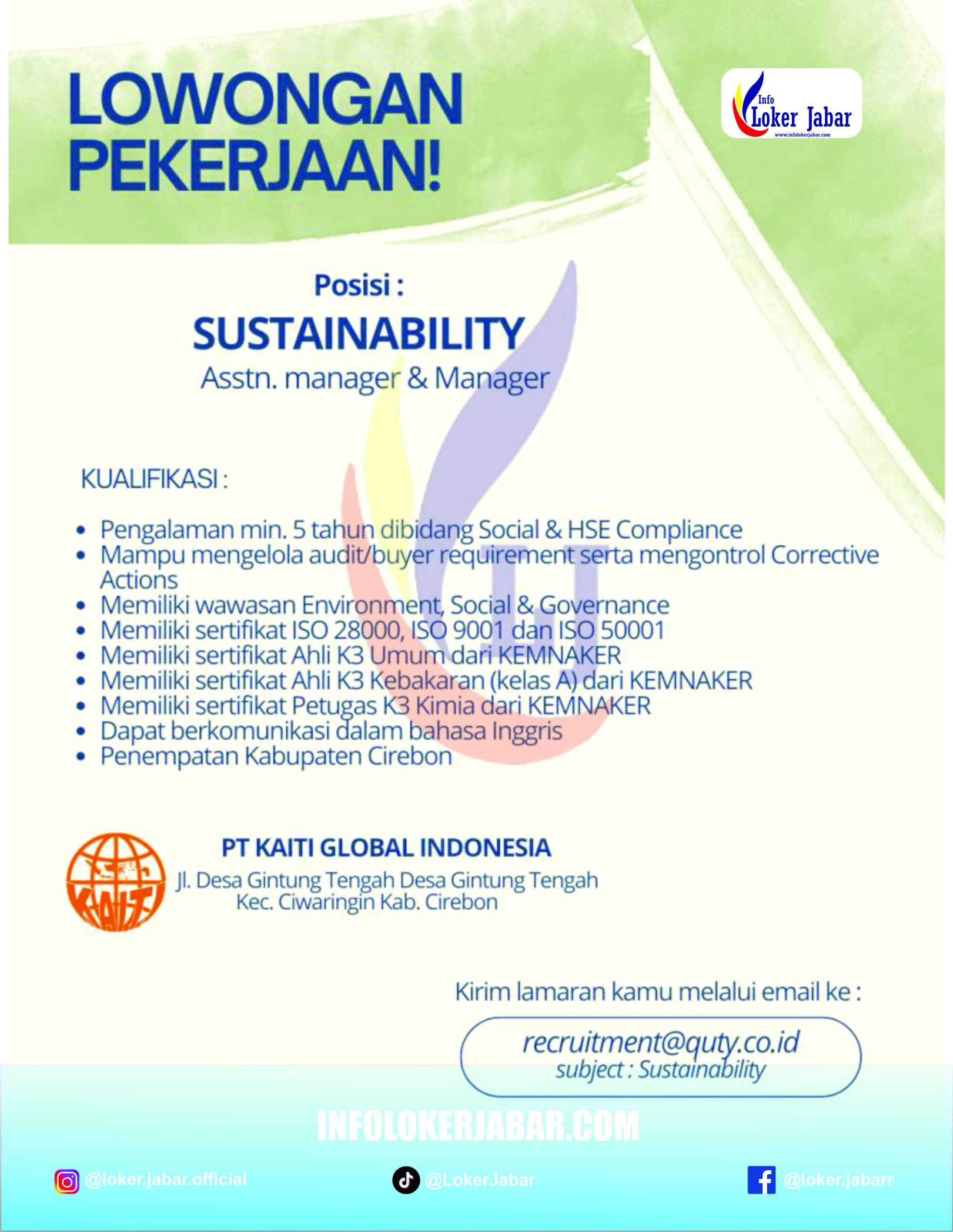 Poster Lowongan Kerja Sustainability Manager PT Kaiti Global Indonesia Cirebon