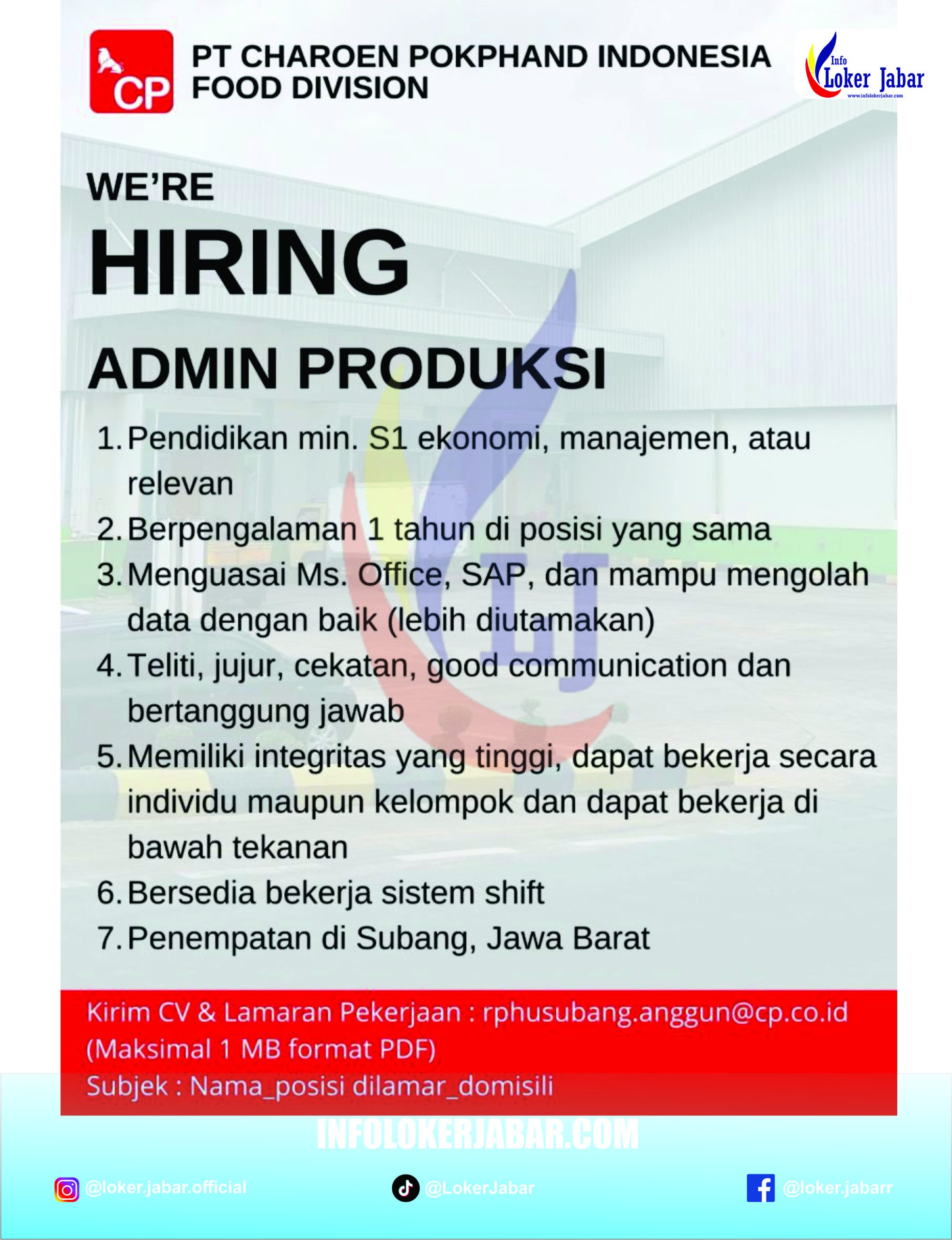 Poster Lowongan Kerja Admin Produksi PT Charoen Pokphand Indonesia Subang