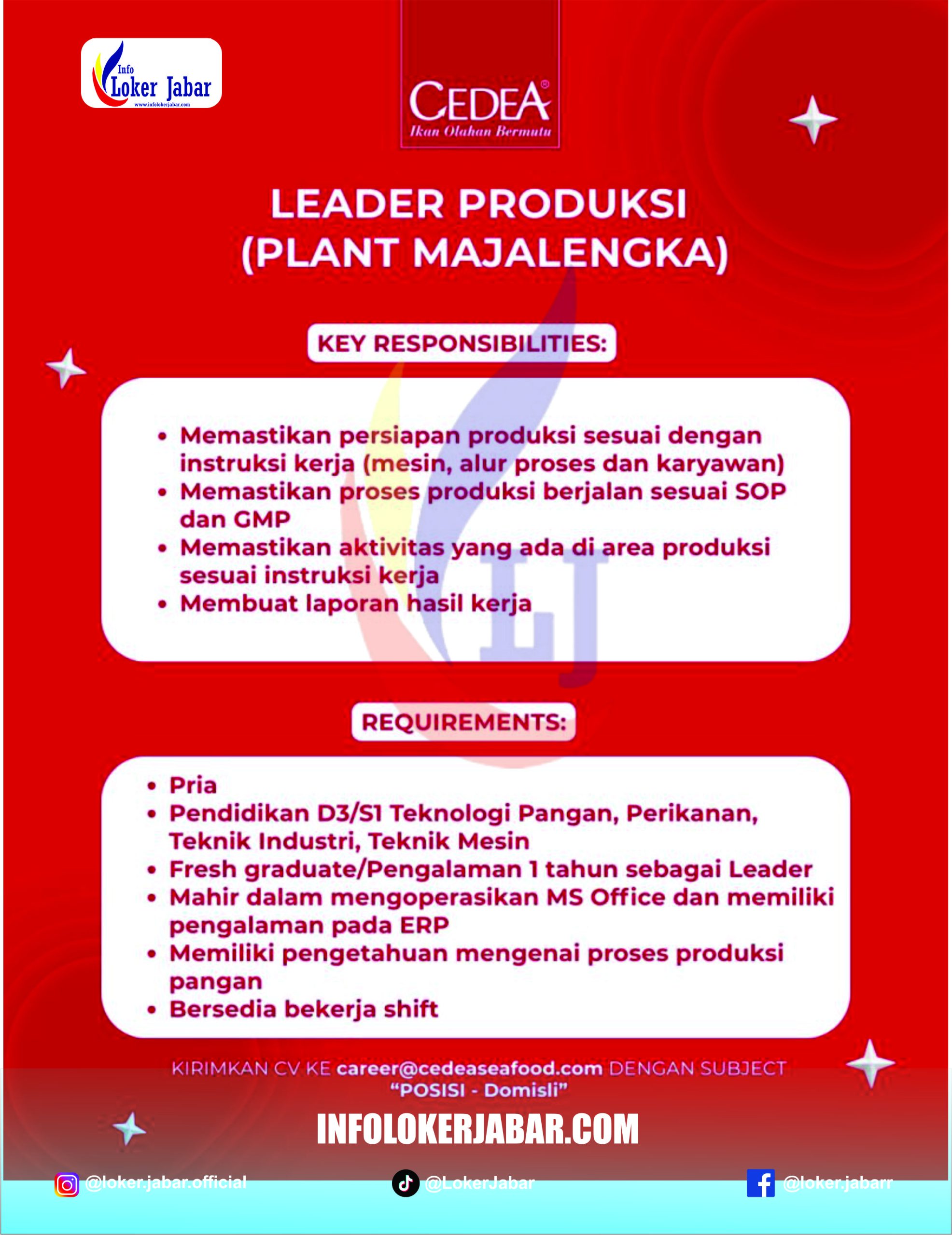 Poster Lowongan Kerja Leader Produksi CEDEA Seafood Majalengka