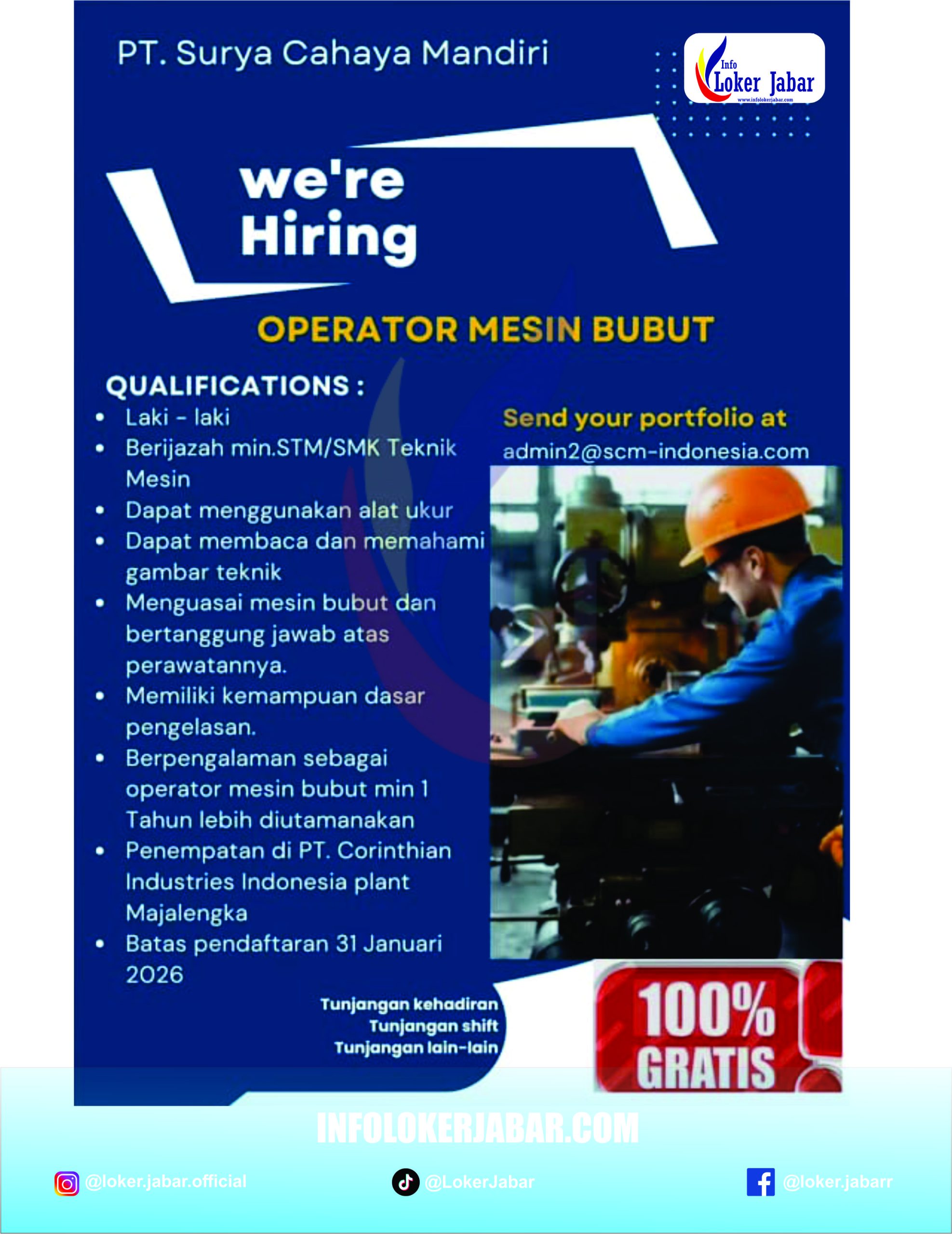 Lowongan Kerja Majalengka 2026 Operator Mesin Bubut PT Surya Cahaya Mandiri