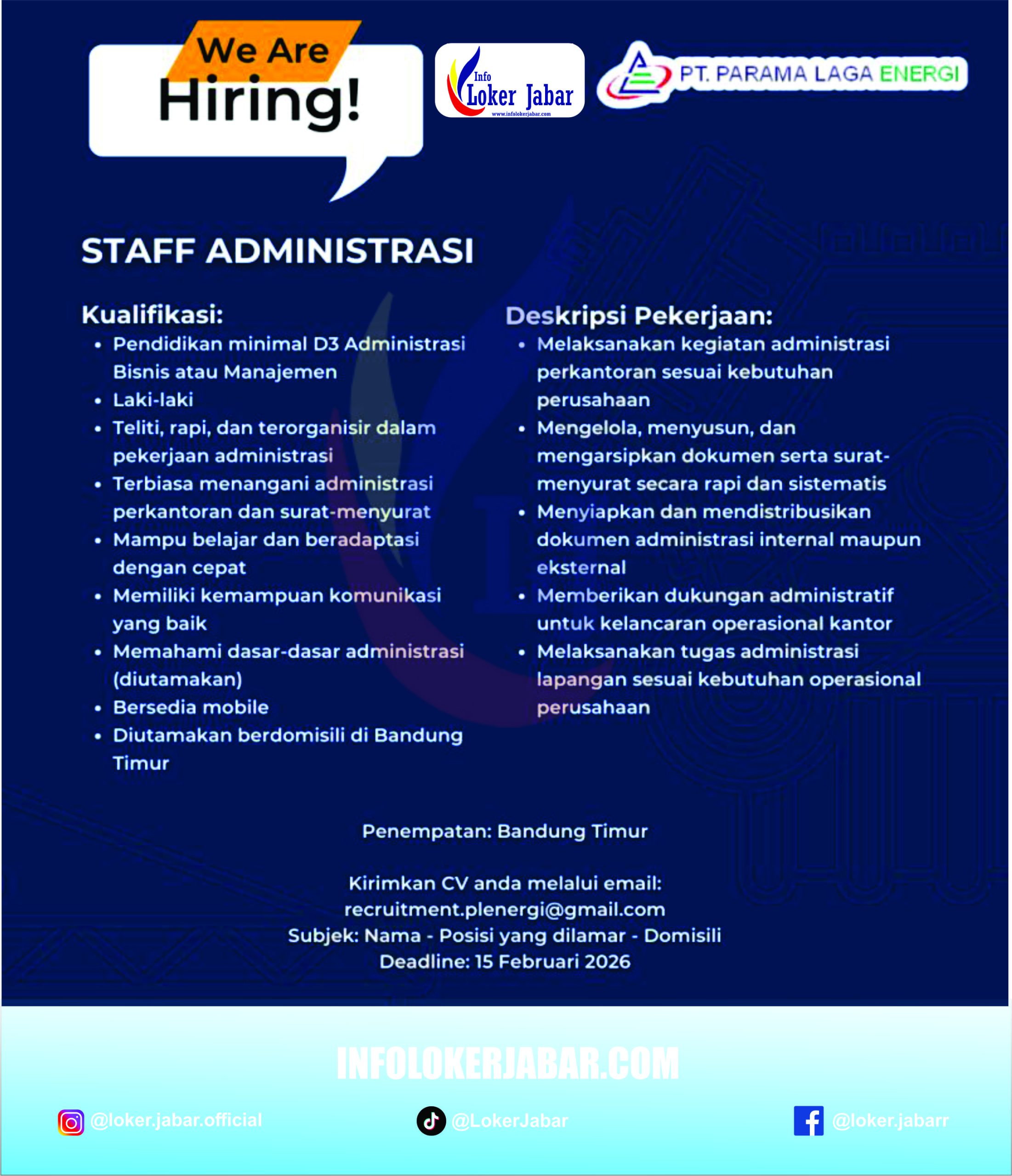Poster Lowongan Kerja Staff Administrasi PT Parama Laga Energi Bandung Timur 2026