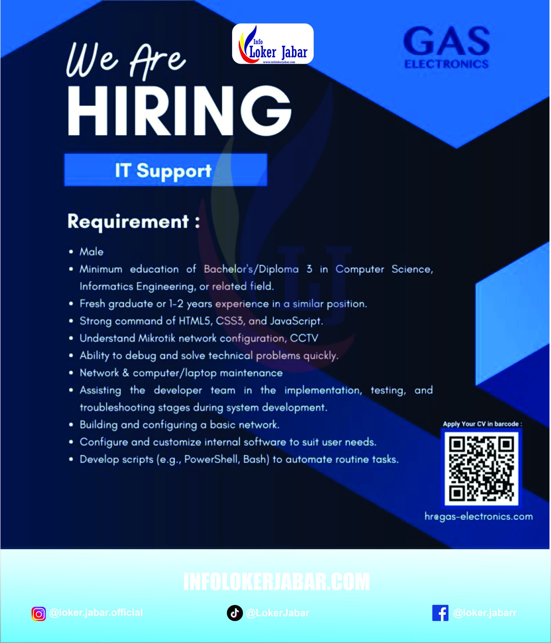 Poster Lowongan Kerja GAS Electronics Posisi IT Support 2026