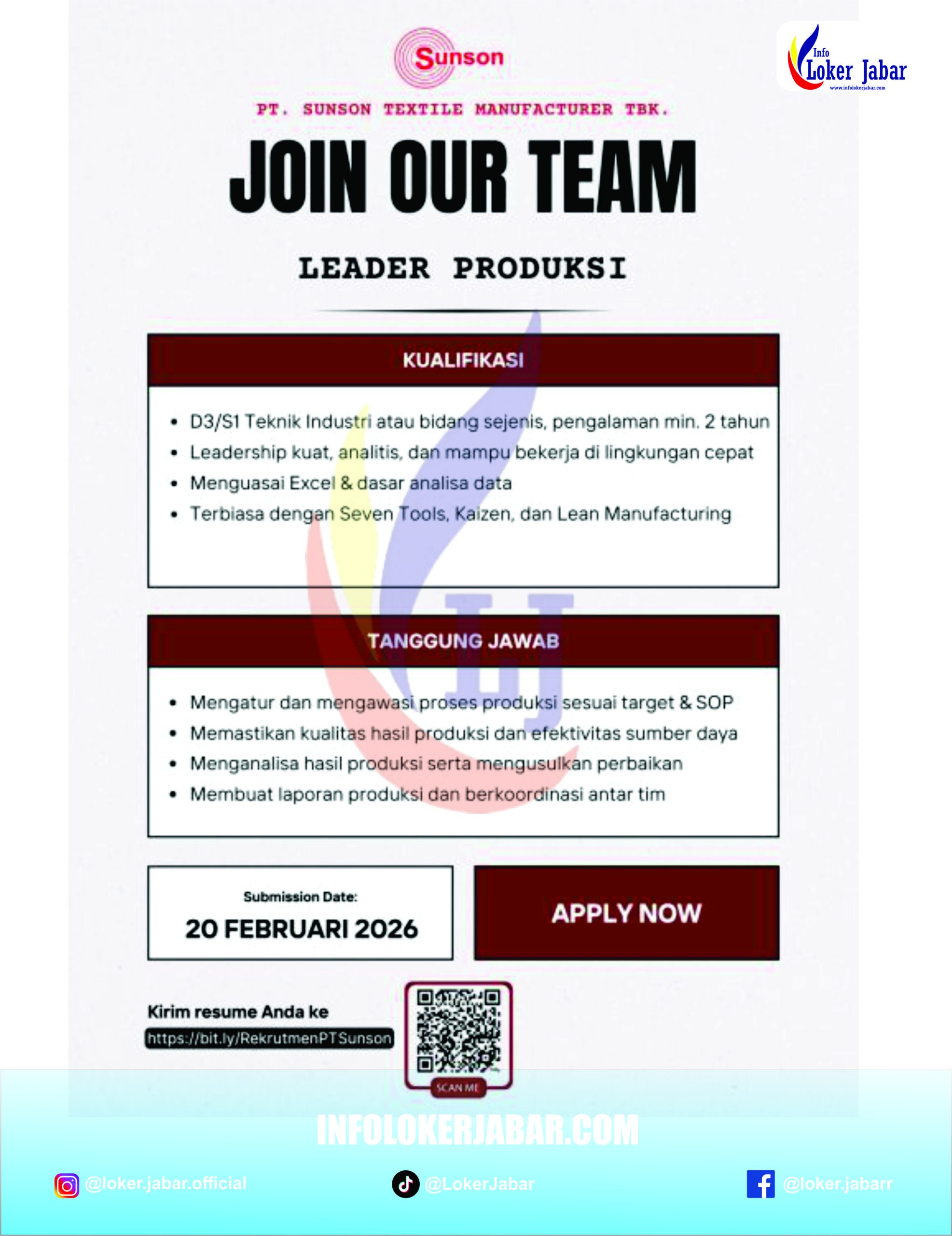 Poster Lowongan Kerja Leader Produksi PT Sunson Textile Manufacturer 2026