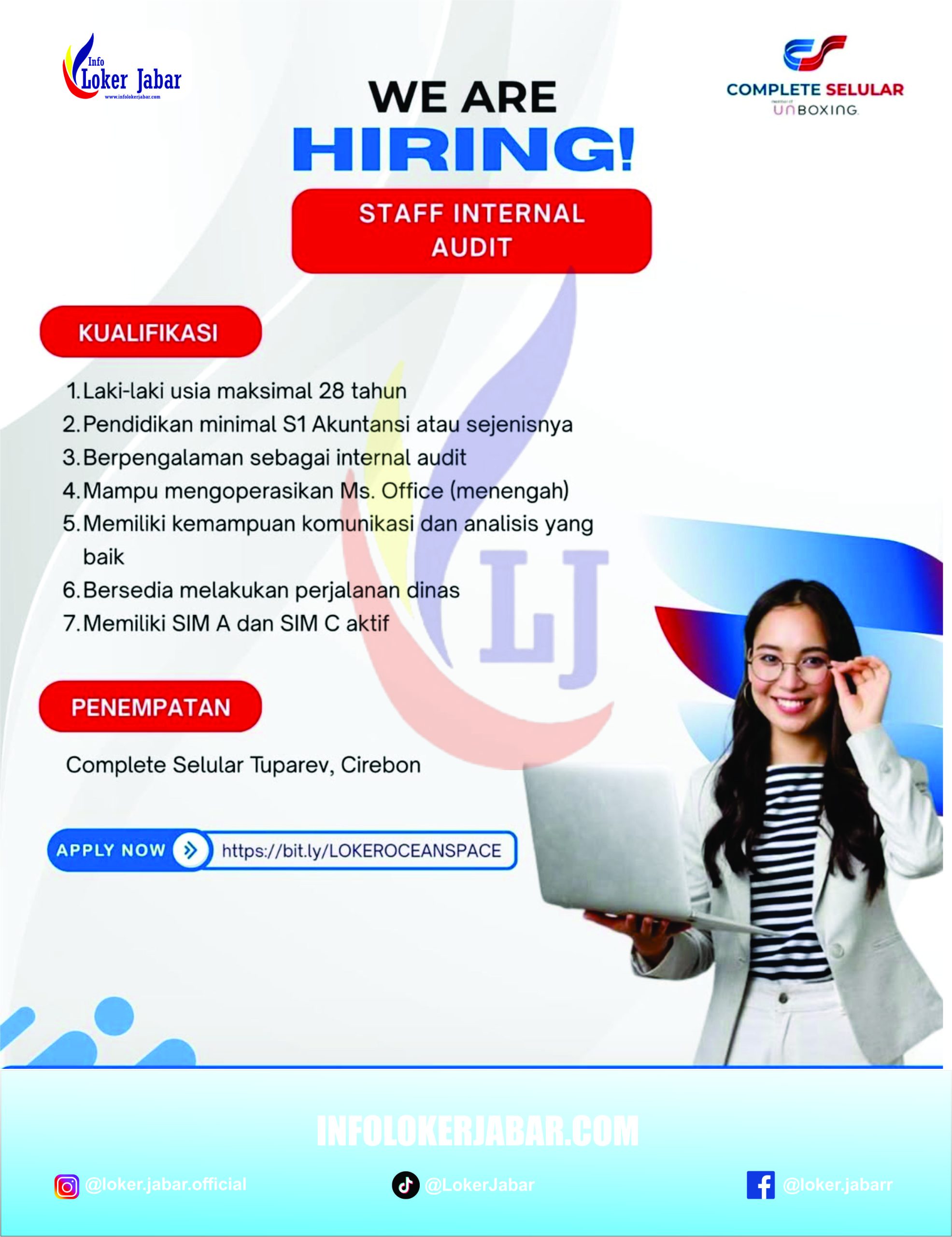 Poster Lowongan Kerja Staff Audit Koperasi Complete Selular Cirebon 2026