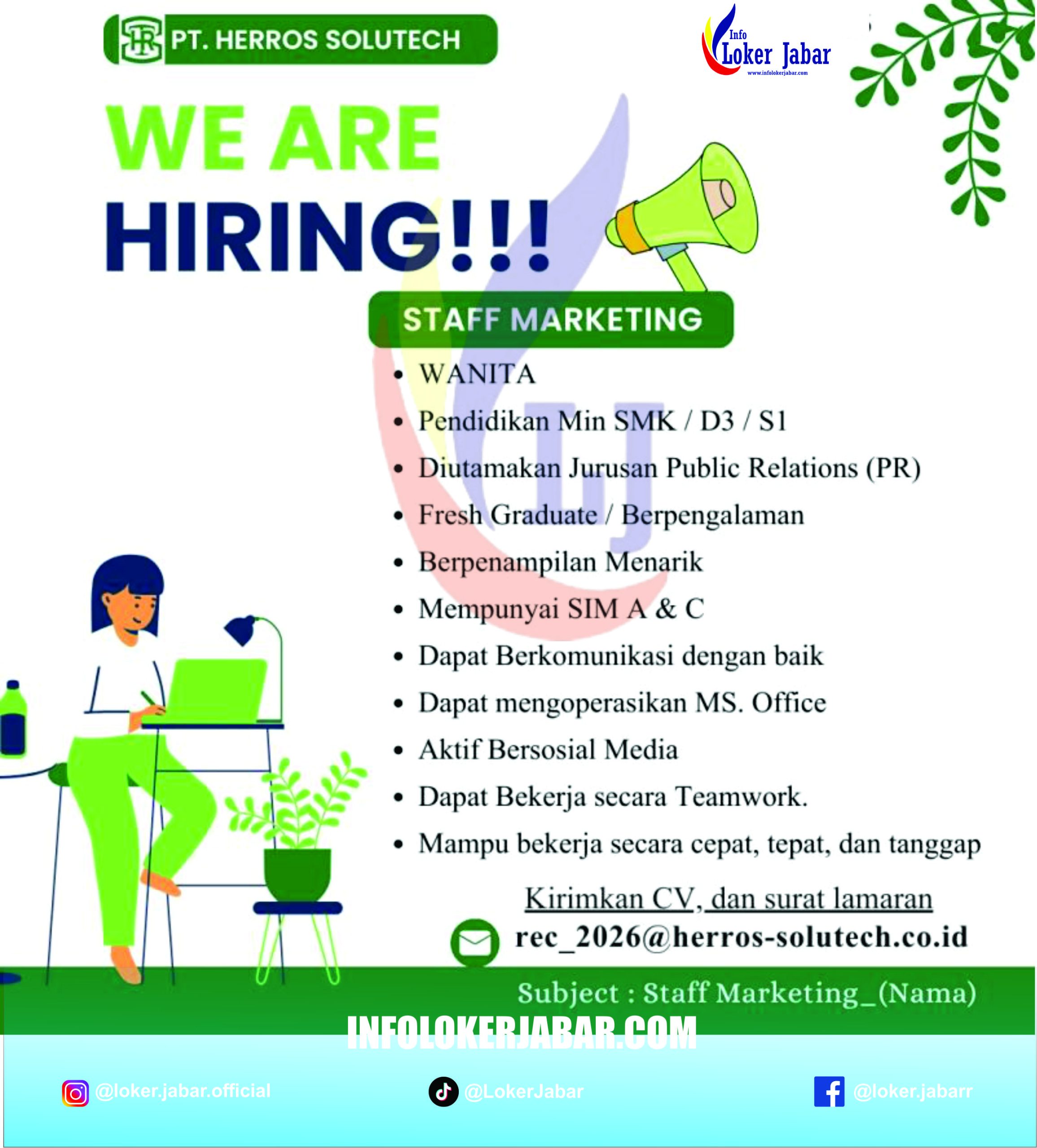 Poster Lowongan Kerja Staff Marketing PT Herros Solutech Januari 2026