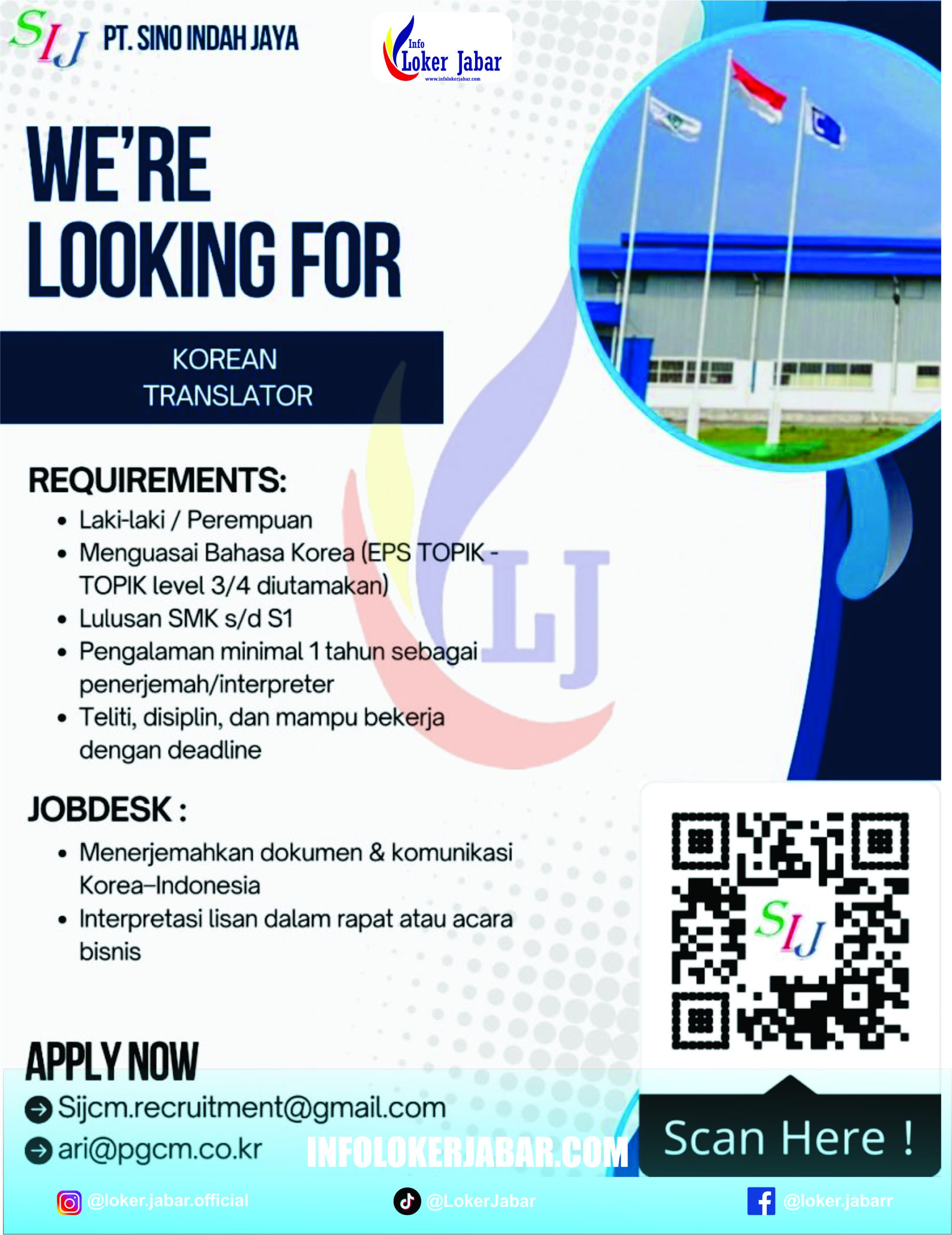 Poster Lowongan Kerja Korean Translator PT Sino Indah Jaya Majalengka 2026