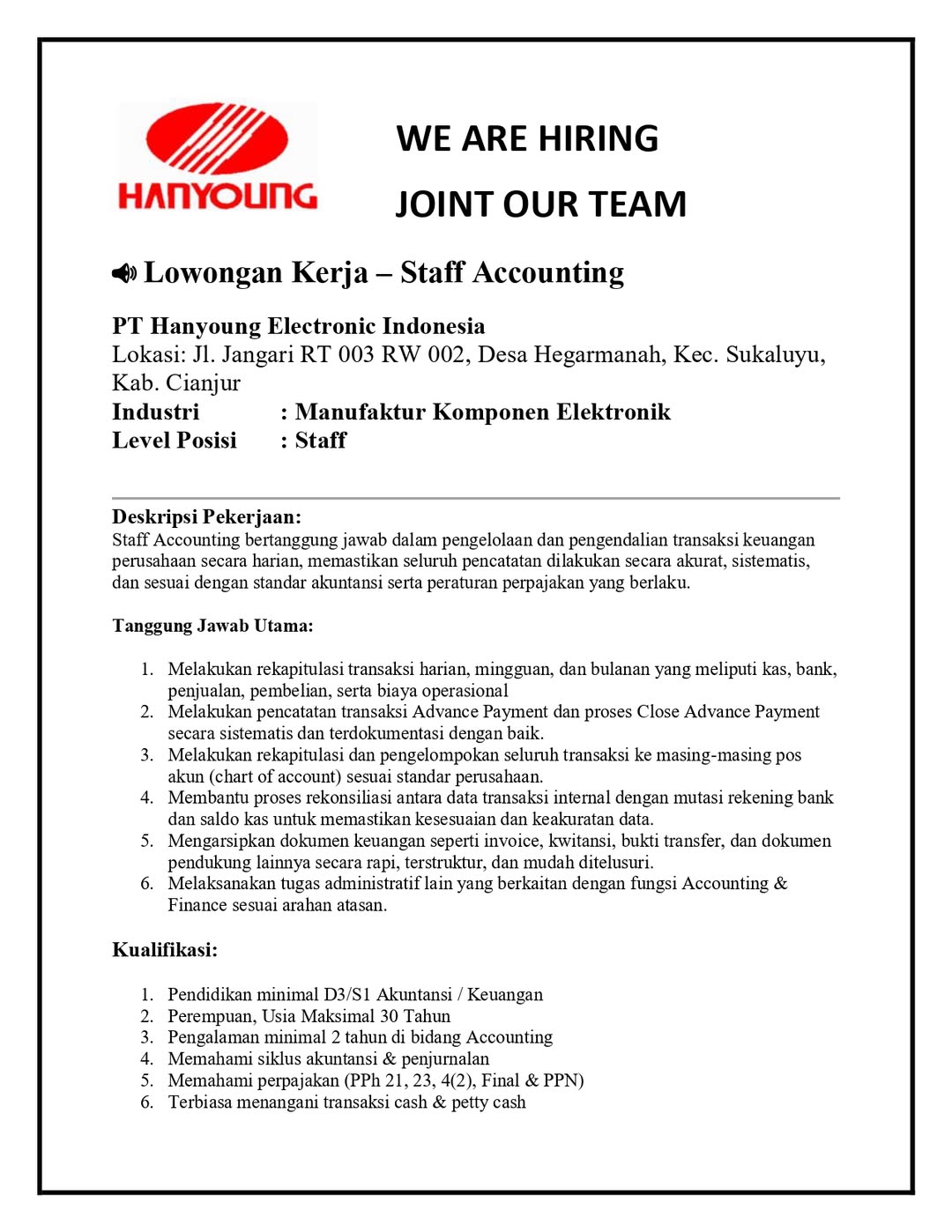 Lowongan Kerja PT Hanyoung Electronic Indonesia