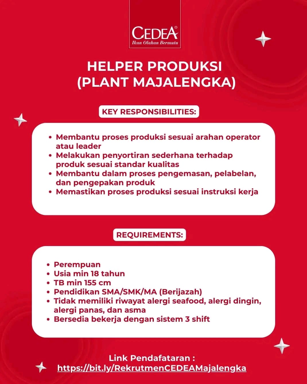 Lowongan Kerja CEDEA Majalengka Posisi Helper Produksi Terbaru