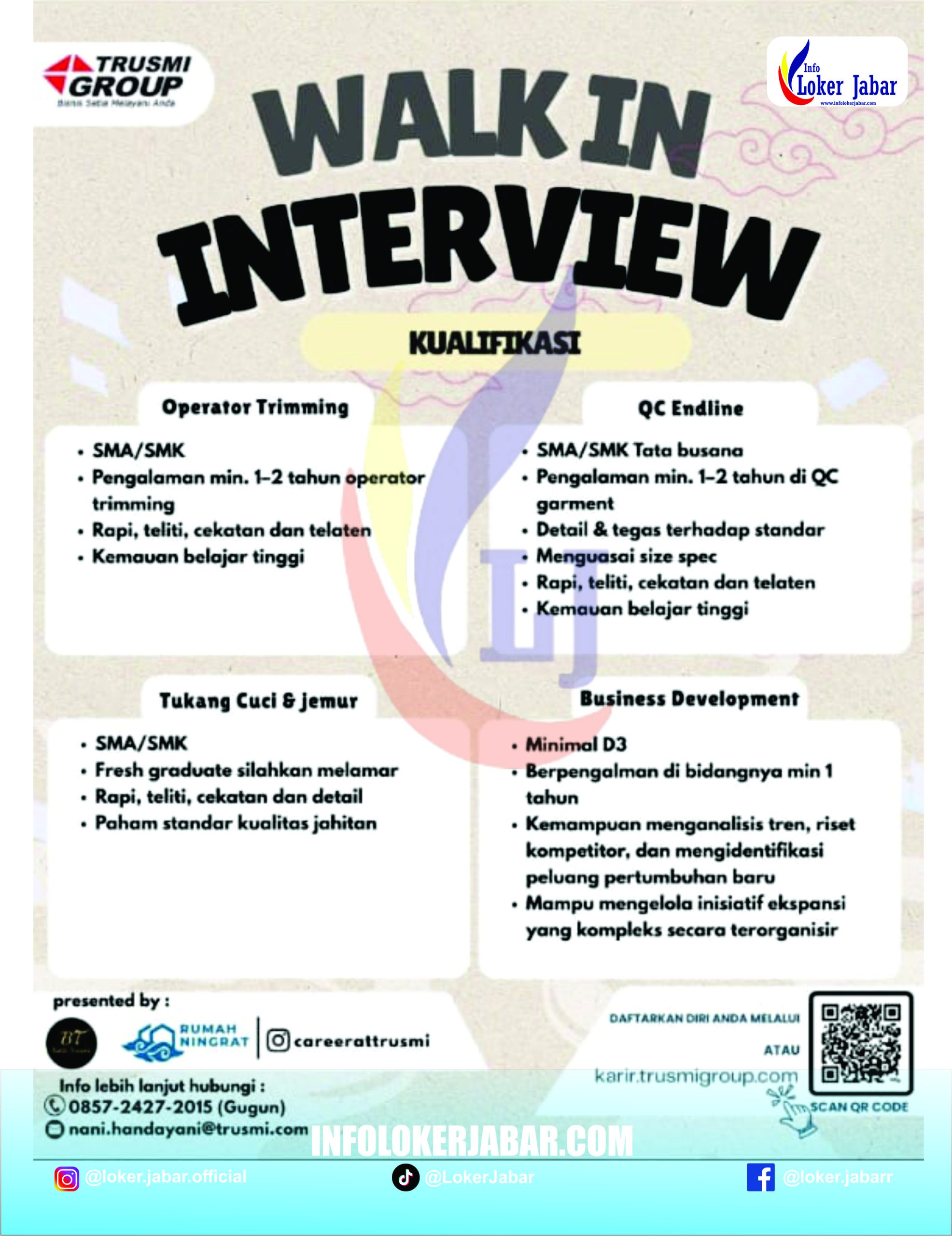 Walk In Interview Trusmi Group Cirebon, Lowongan Kerja Cirebon 2026
