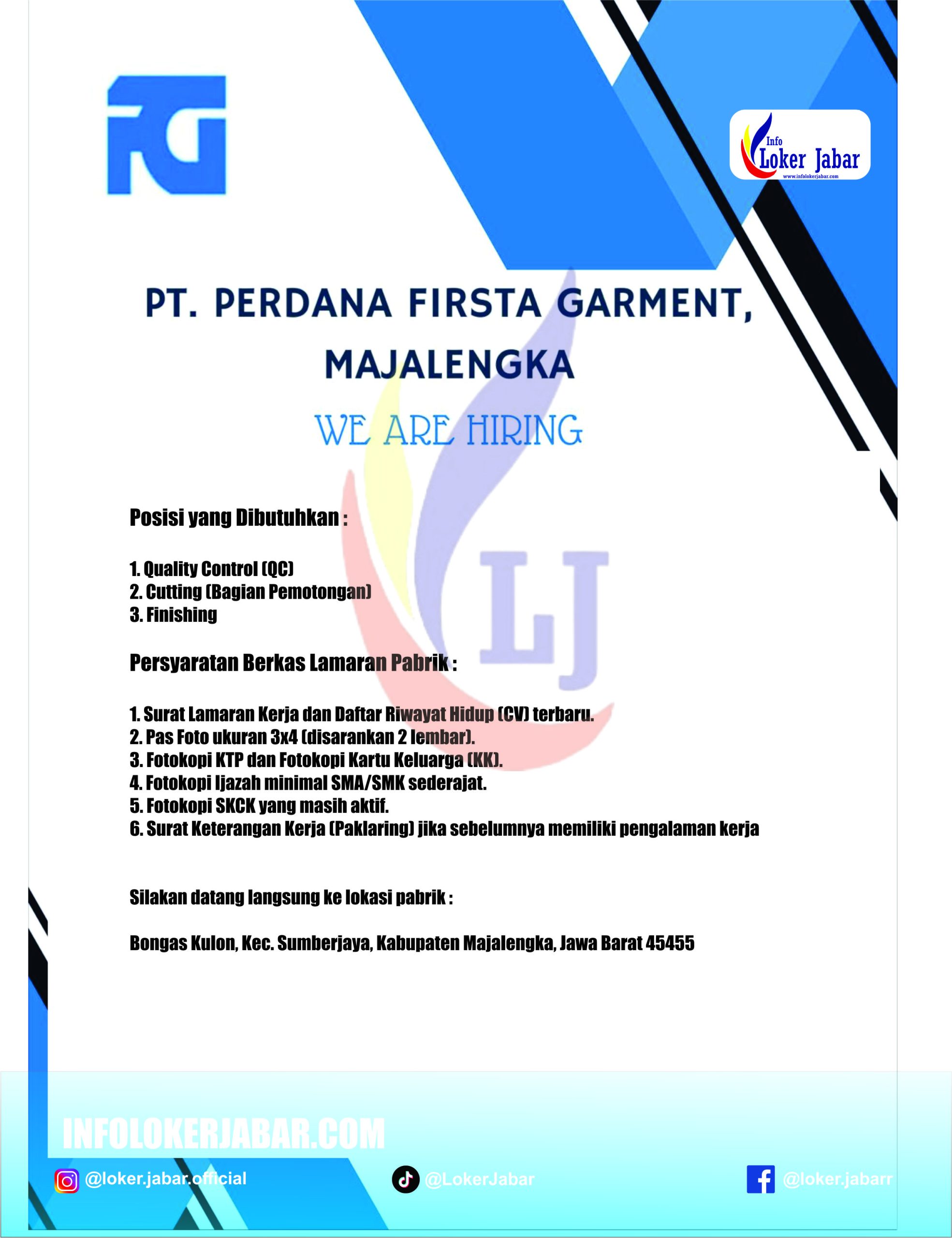 lowongan kerja PT Perdana Firsta Garment
