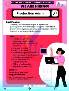 Lowongan Kerja Production Admin PT Lee Yin Gapura Garment