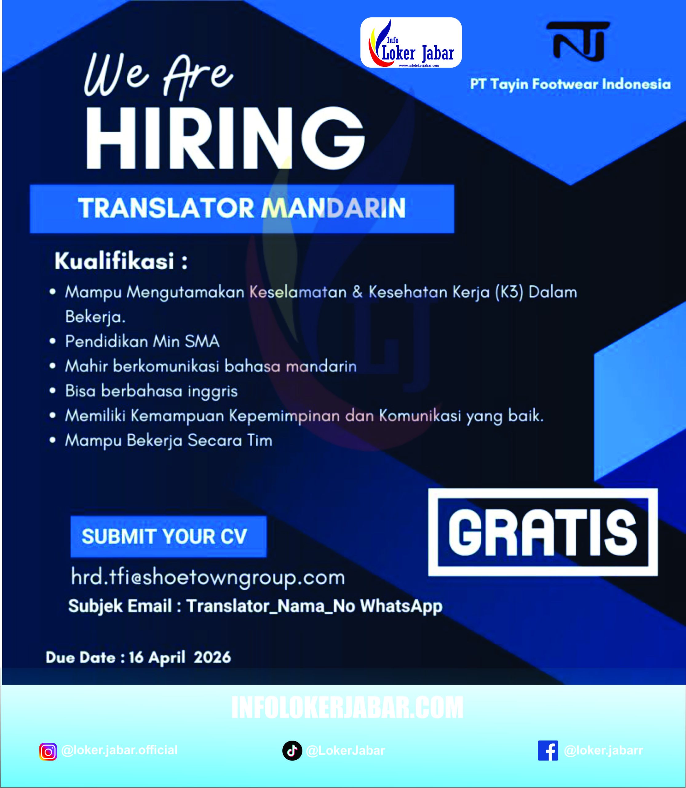 Loker PT Tayin Footwear Indonesia