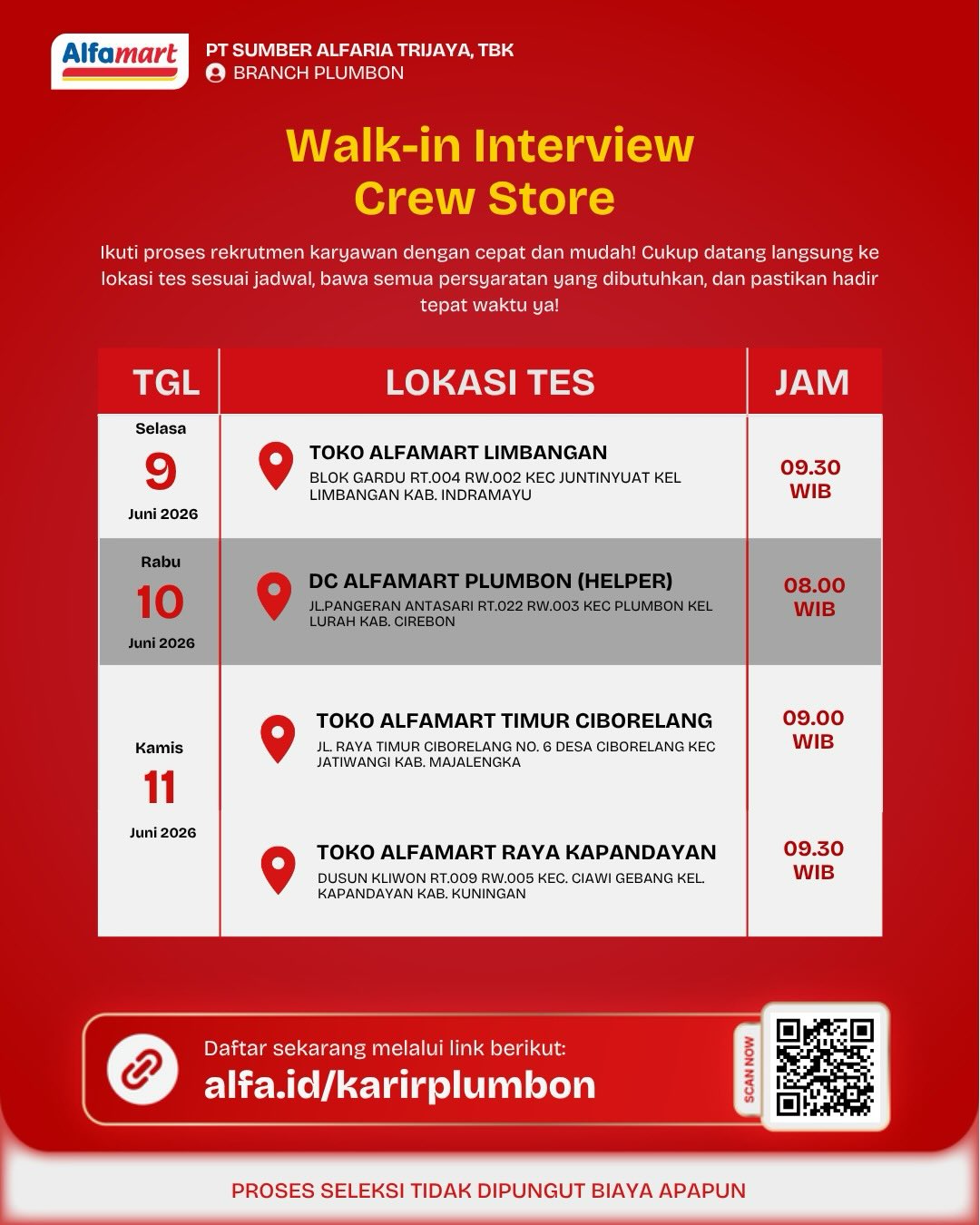 Info jadwal Walk-In Interview Alfamart Branch Plumbon terbaru tanggal 9, 10, dan 11 Juni 2026. Membuka posisi Crew Store dan Helper
