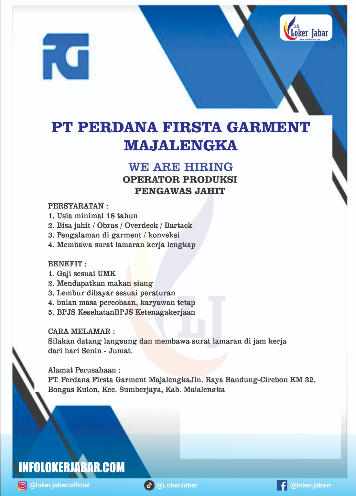 Lowongan Kerja PT Perdana Firsta Garment Majalengka Juni 2026