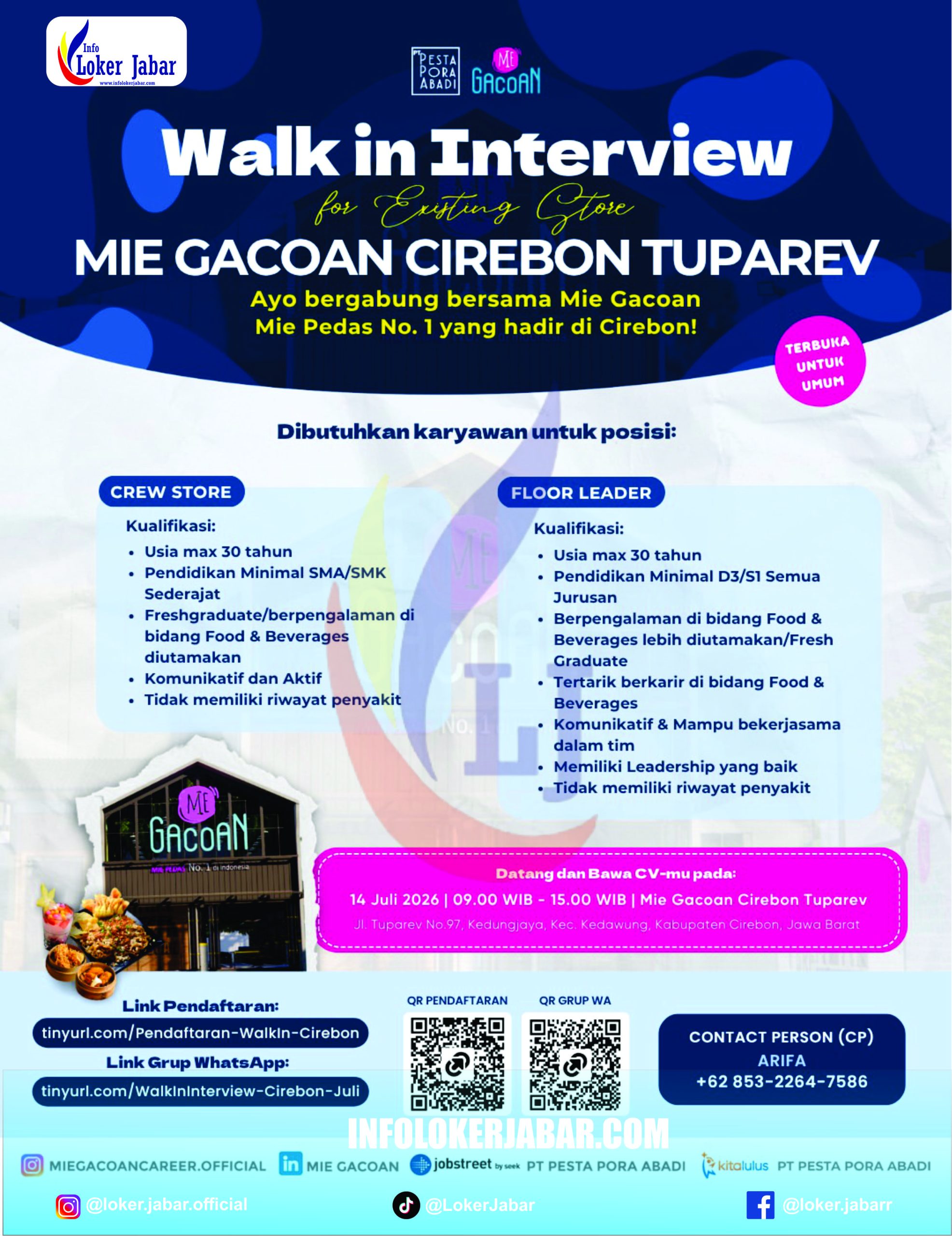 Lowongan Kerja Mie Gacoan Cirebon Tuparev Juli 2026: Walk in Interview