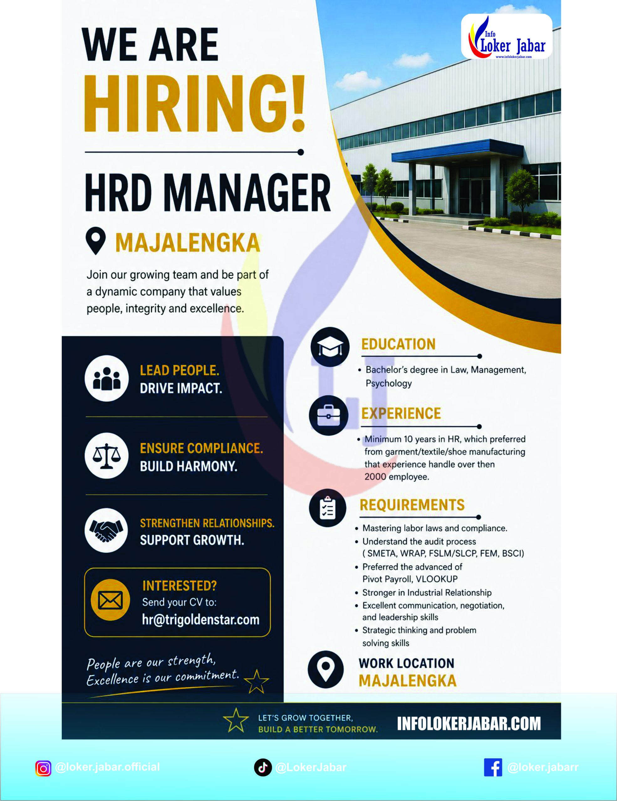 Lowongan Kerja HRD Manager Majalengka Juni 2026: Tri Golden Star