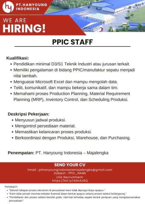 Lowongan Kerja PT Hanyoung Indonesia Majalengka Juli 2026: Posisi PPIC Staff