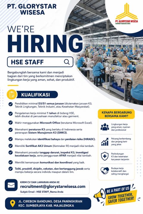 Lowongan Kerja HSE Staff PT Glory Star Wisesa Majalengka